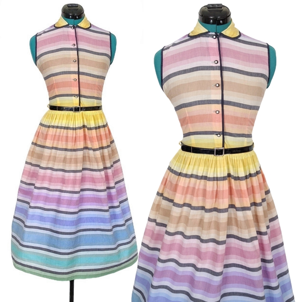 1950s Rainbow Dress 50s Vintage Fit N Flare Summer Tea Retro XS Rhinestone RARE